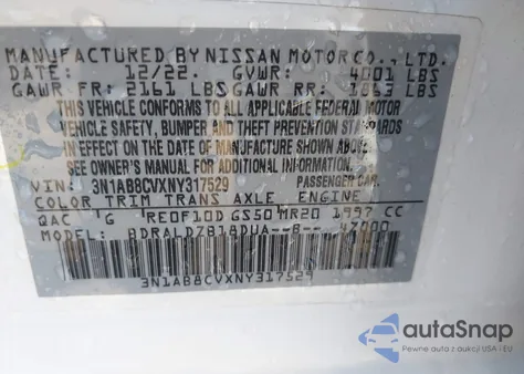 2022 Nissan Sentra Sv Xtronic Cvt z USA, uszkodzony, nr VIN 3N1AB8CVXNY317529